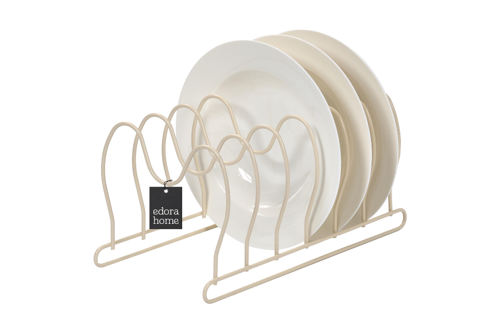 Beige 6-Compartment Pan Pot Lid Organizer Drawer Insert Stainless Metal