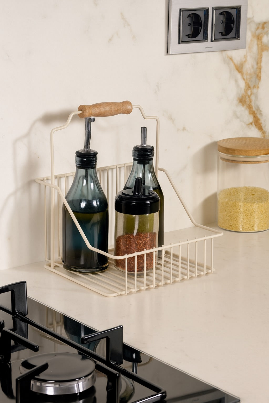 Bej Ahşap Kulplu Retro Sepet, Şık Çok Amaçlı Düzenleyici Organizer