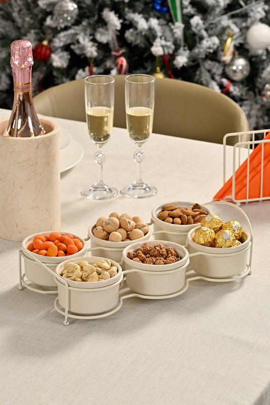 Bej Altı Bölmeli Çerezlik, Sosluk, Reçellik, Sunumluk, Kahvaltılık Ikram Seti - Metal Paslanmaz