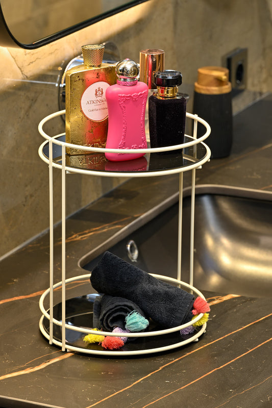 Bej Banyo Organizer Kozmetik Takı Parfüm Havlu Düzenleyici Sunum Tepsisi Pleksili -Metal Paslanmaz