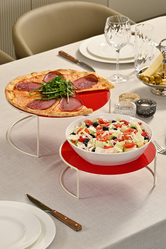 Bej Büyük Boy Sunumluk 2'Li Metal Hediyelik Dekorasyon İkramlık /Kırmızı Pleksi / Paslanmaz