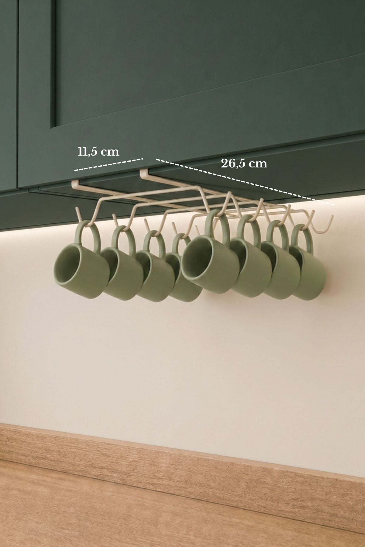 Bej Dolap Altı Bardak, Fincan Askılığı - 10 Kancalı Metal Fincan Düzenleyici, Organizer - Montaj Gerektirmez