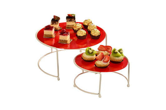 Bej Küçük Boy Sunumluk 2'Li Metal Hediyelik Dekorasyon İkramlık /Kırmızı Pleksi / Paslanmaz