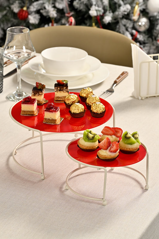 Bej Küçük Boy Sunumluk 2'Li Metal Hediyelik Dekorasyon İkramlık /Kırmızı Pleksi / Paslanmaz