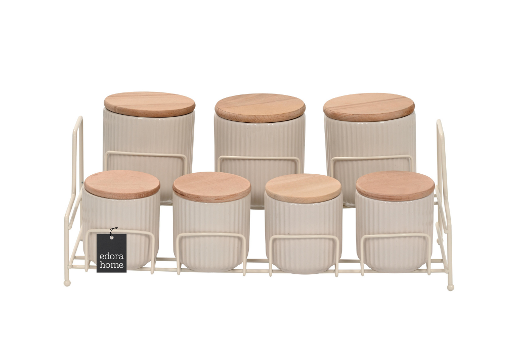 Bej Standlı 7 Bölmeli Porselen Baharat Takımı Bambu Kapaklı Mutfak Düzenleyici - Metal Paslanmaz