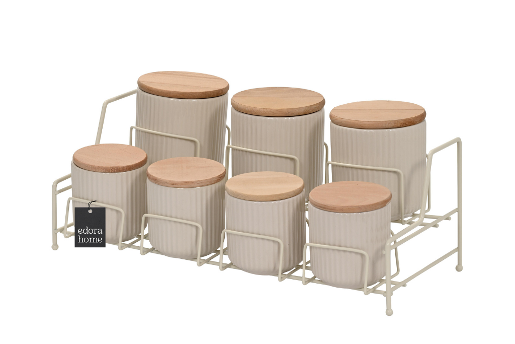 Bej Standlı 7 Bölmeli Porselen Baharat Takımı Bambu Kapaklı Mutfak Düzenleyici - Metal Paslanmaz