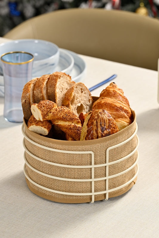 Bej Yuvarlak Ekmek Sepeti Jüt Kahve Kumaş Bezi, Renkli Sunum Sepet Ekmeklik - Çok Amaçlı Metal Paslanmaz