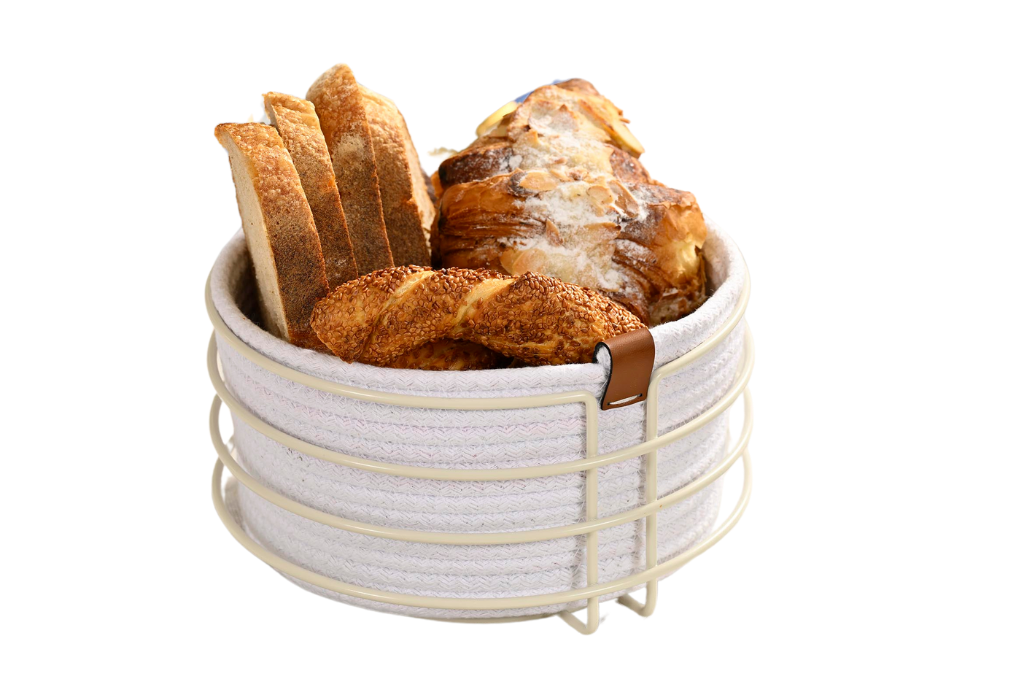 Beige Round Bread Basket, Chic, White Wicker Weave Macrame Bread Holder - Multi-Purpose Stainless Metal