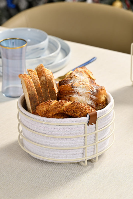 Bej Yuvarlak Ekmek Sepeti Şık,Ekmeklik Beyaz Hasır Örmeli Makrome-Çok Amaçlı Metal Paslanmaz