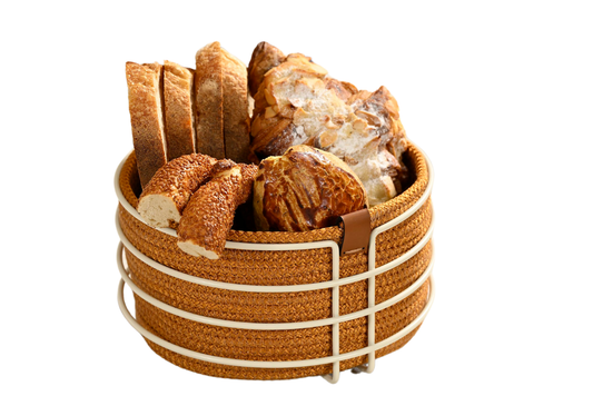 Bej Yuvarlak Ekmek Sepeti Şık,Ekmeklik Hardal Hasır Örmeli Makrome-Çok Amaçlı Metal Paslanmaz