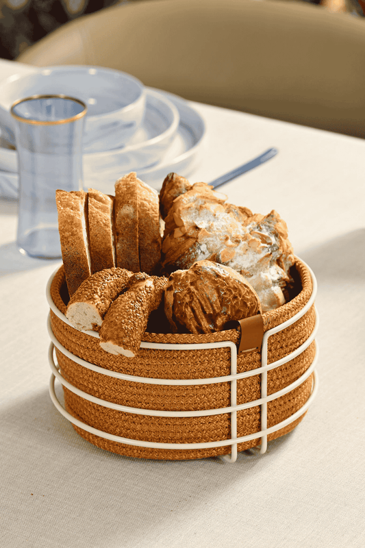 Bej Yuvarlak Ekmek Sepeti Şık,Ekmeklik Hardal Hasır Örmeli Makrome-Çok Amaçlı Metal Paslanmaz