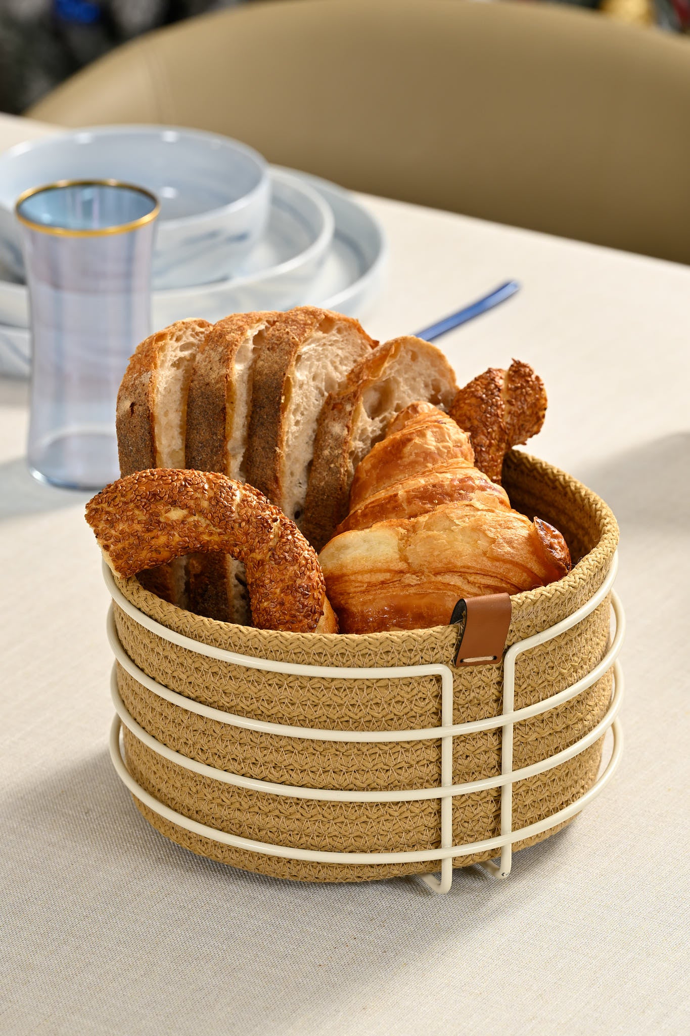 Bej Yuvarlak Ekmek Sepeti Şık,Ekmeklik Kahve Hasır Örmeli Makrome-Çok Amaçlı Metal Paslanmaz