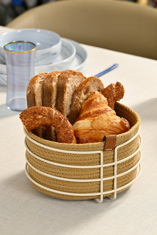 Bej Yuvarlak Ekmek Sepeti Şık,Ekmeklik Kahve Hasır Örmeli Makrome-Çok Amaçlı Metal Paslanmaz