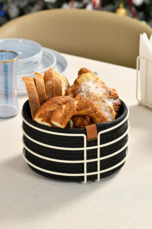 Bej Yuvarlak Ekmek Sepeti Şık,Ekmeklik Mavi Hasır Örmeli Makrome-Çok Amaçlı Metal Paslanmaz