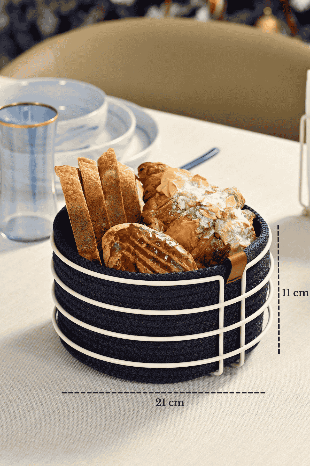 Beige Round Bread Basket Chic, Bread Box Blue Wicker Weave Macrame-Multipurpose Metal Stainless Steel
