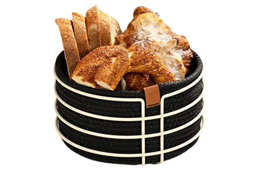 Bej Yuvarlak Ekmek Sepeti Şık,Ekmeklik Siyah Hasır Örmeli Makrome-Çok Amaçlı Metal Paslanmaz