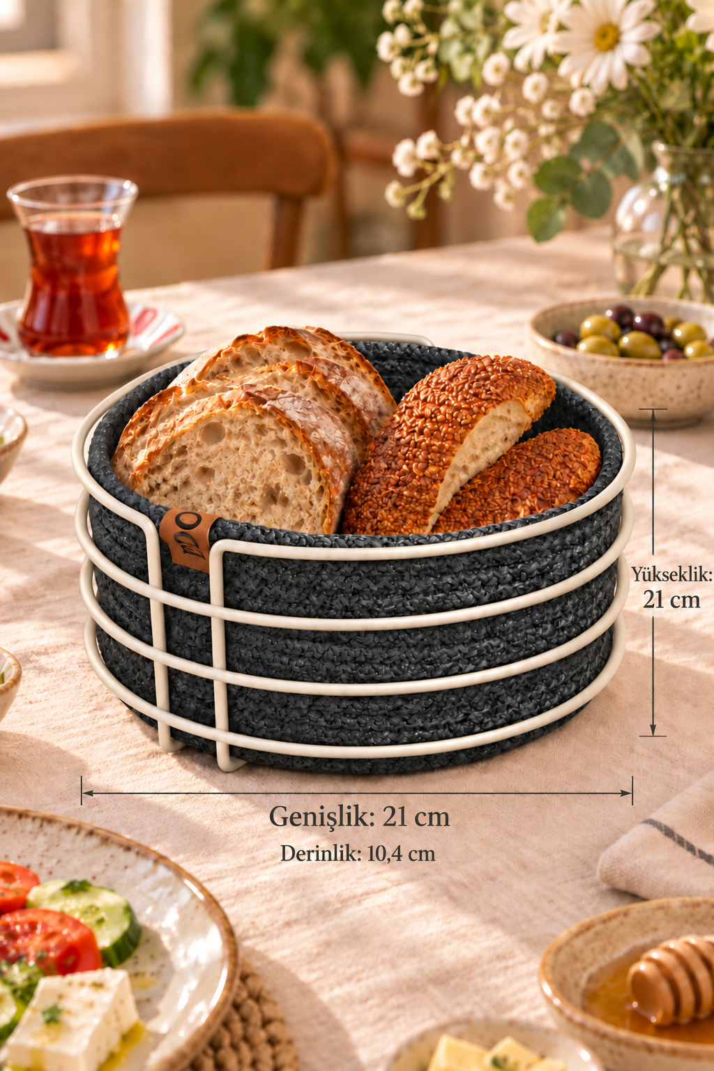 Bej Yuvarlak Metal Ekmek Sepeti, Antrasit Gri Makromeli, Ekmeklik ve Kahvaltı Sunum Sepeti