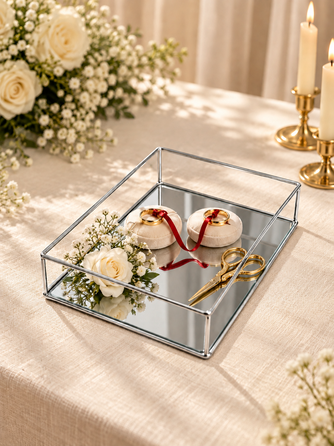 EDORA HOME 2'li Parlak Silver Aynalı Söz Nişan Tepsisi, Damat Kahvesi ve Dekoratif Sunum Tepsisi