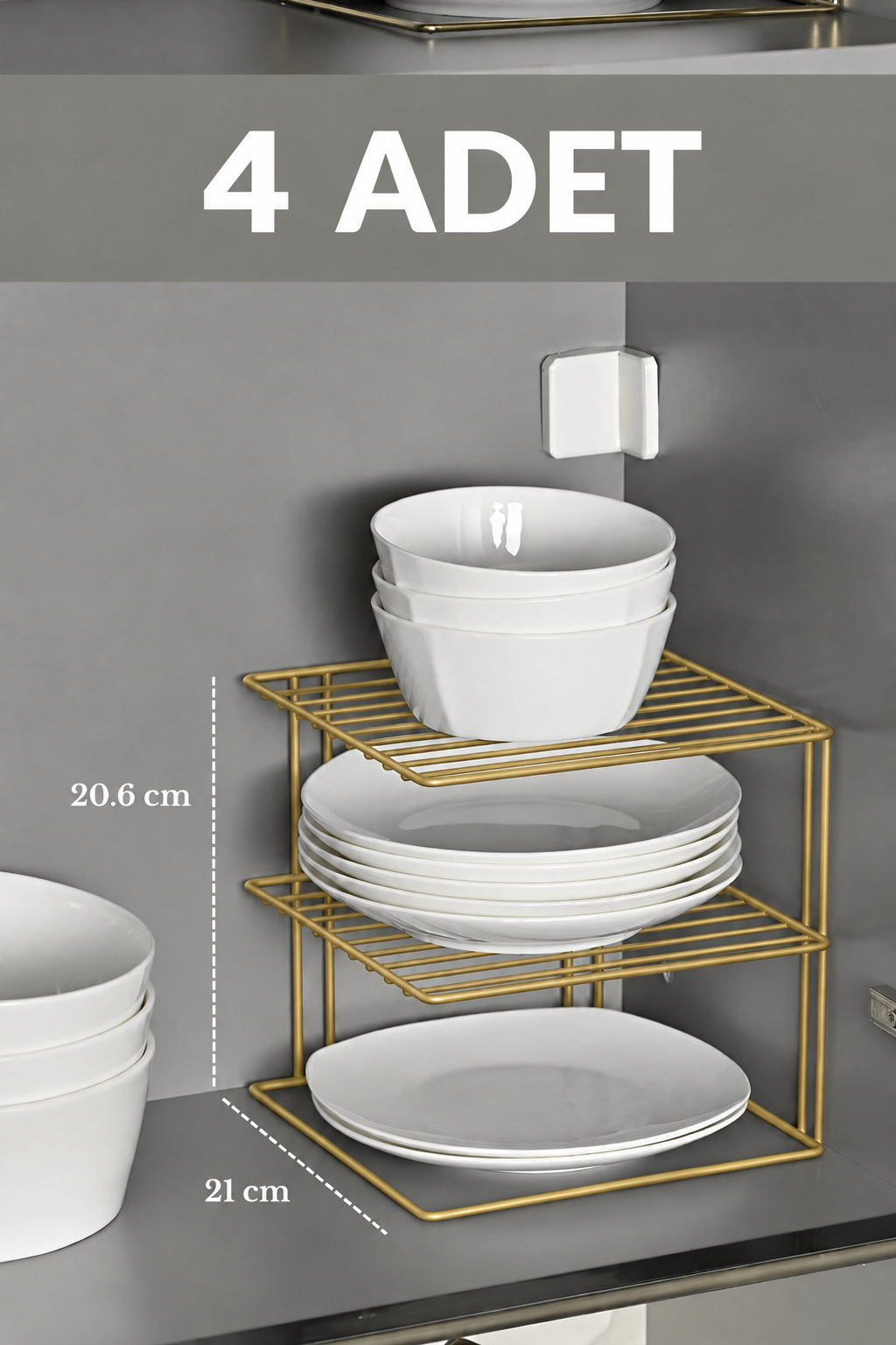 4'lü Mat Gold 3 Katlı Metal Dolap İçi Düzenleyici Raf, Tabak, Bardak ve Kase Organizeri