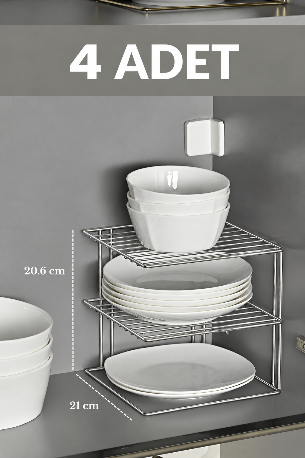 4'lü Parlak Silver 3 Katlı Metal Dolap İçi Düzenleyici Raf, Tabak, Bardak ve Kase Organizeri
