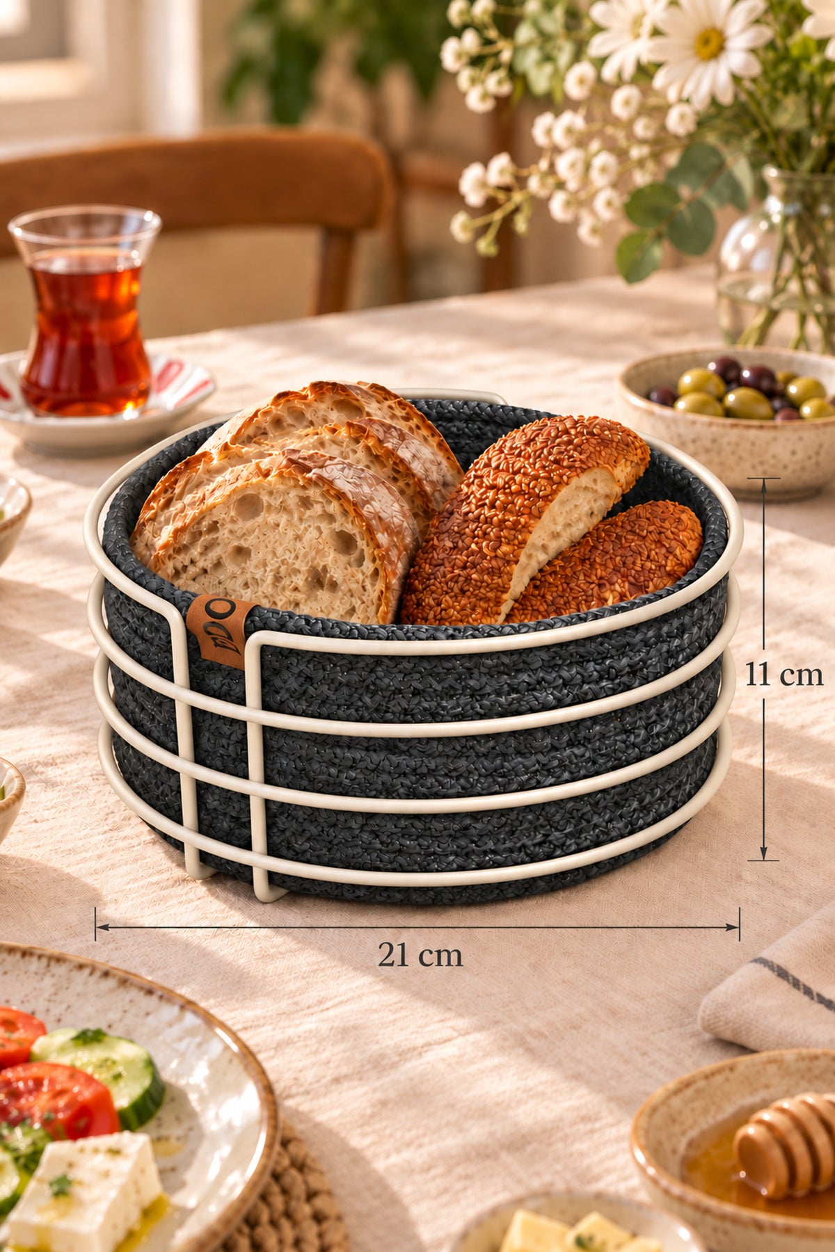 EDORA HOME Bej Yuvarlak Ekmek Sepeti, Ekmeklik Sunum Sepeti, Antrasit Gri Makrome Çok Amaçlı Paslanmaz Metal