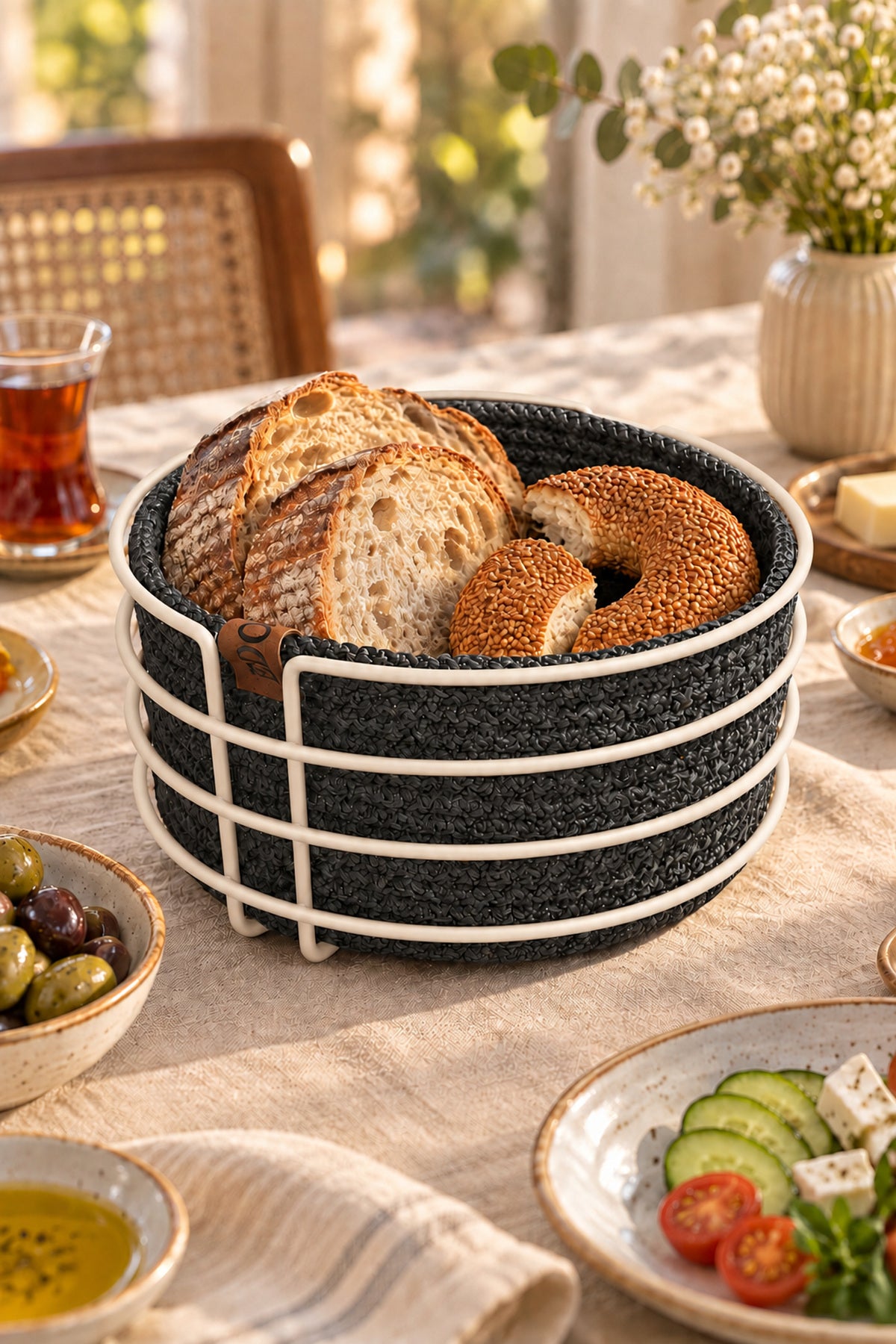 EDORA HOME Bej Yuvarlak Ekmek Sepeti, Ekmeklik Sunum Sepeti, Antrasit Gri Makrome Çok Amaçlı Paslanmaz Metal