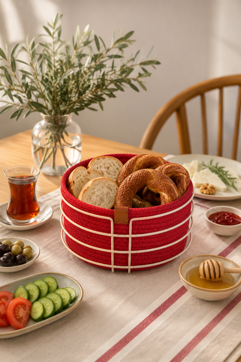 Edora Home Bej Yuvarlak Ekmek Sepeti, Ekmeklik Sunum Sepeti, Kırmızı Makrome Çok Amaçlı Paslanmaz Metal