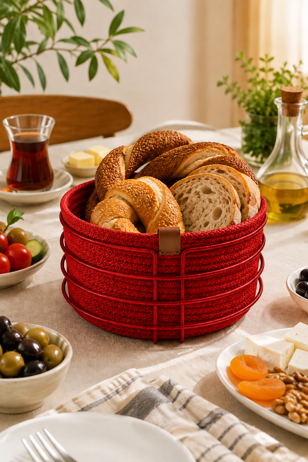 Edora Home Kırmızı Yuvarlak Ekmek Sepeti, Ekmeklik Sunum Sepeti, Kırmızı Makrome Çok Amaçlı Paslanmaz Metal