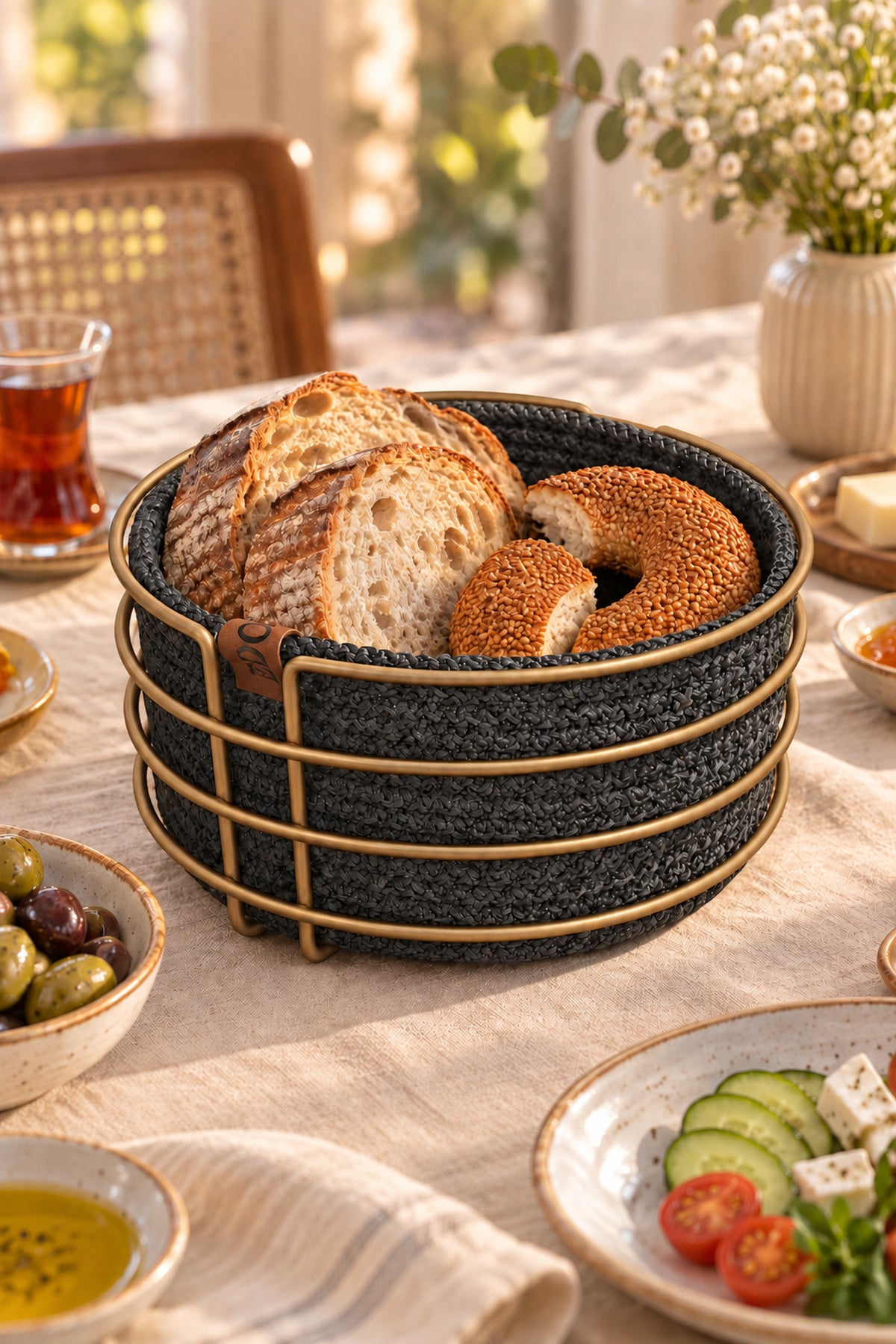 Mat Gold Yuvarlak Metal Ekmek Sepeti, Antrasit Gri Makromeli, Ekmeklik ve Kahvaltı Sunum Sepeti