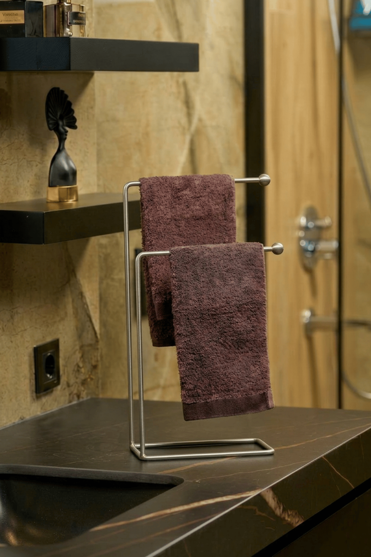 Mat Gümüş 2 Kollu Metal Havluluk Standı, Tezgah Üstü Mutfak ve Banyo Havlu Askılığı