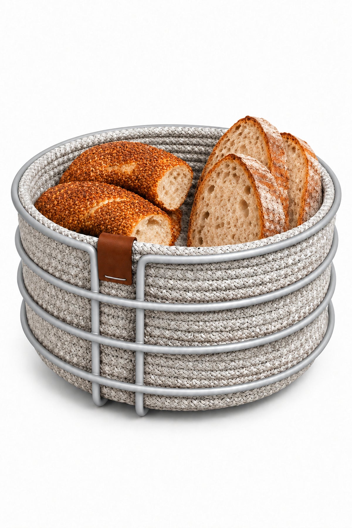 EDORA HOME Mat Gümüş Yuvarlak Ekmek Sepeti, Ekmeklik Sunum Sepeti, Buz Gri Makrome Çok Amaçlı Paslanmaz Metal