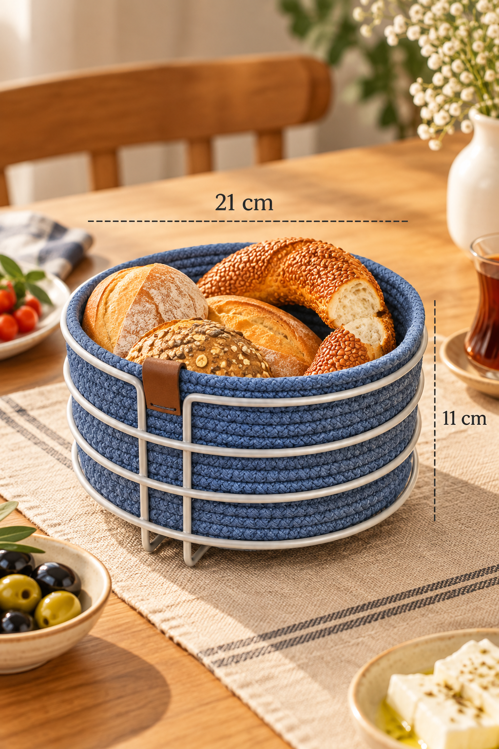 EDORA HOME Mat Gümüş Yuvarlak Ekmek Sepeti, Ekmeklik Sunum Sepeti, İndigo Makrome Çok Amaçlı Paslanmaz Metal