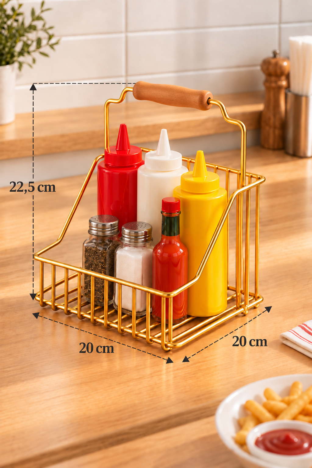 EDORA HOME Parlak Altın Bistro Metal Sosluk Sepeti – Ketçap, Mayonez ve Sos Şişesi Düzenleyici, Sunum Organizeri