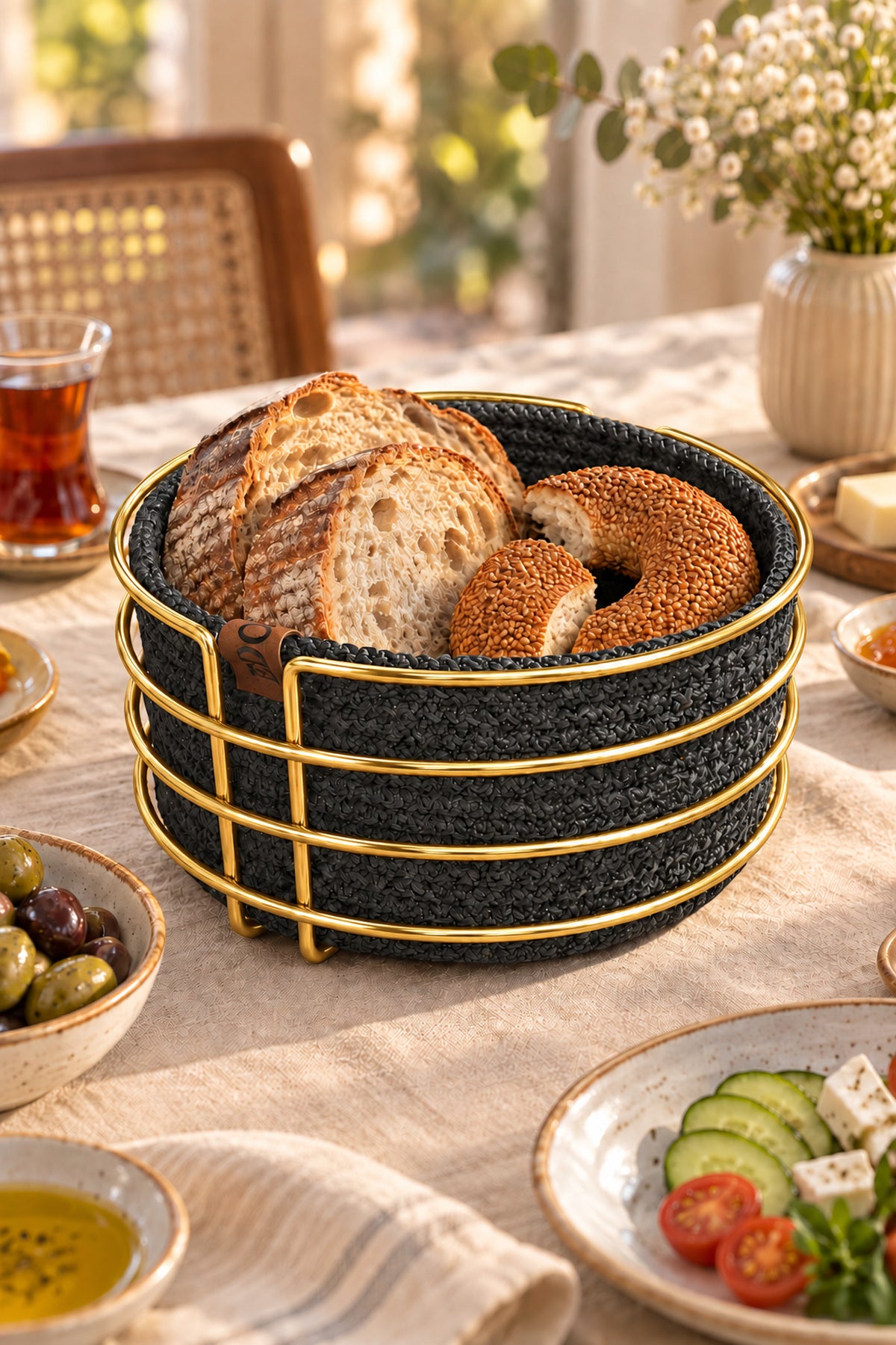 Parlak Altın Yuvarlak Metal Ekmek Sepeti, Antrasit Gri Makromeli, Ekmeklik ve Kahvaltı Sunum Sepeti