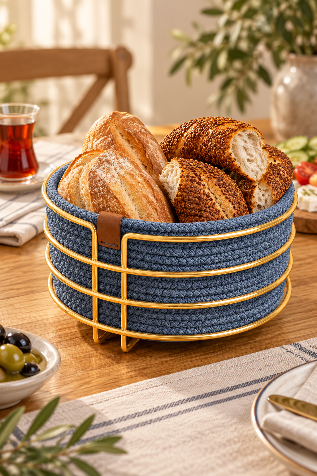 EDORA HOME Parlak Altın Yuvarlak Ekmek Sepeti, Ekmeklik Sunum Sepeti, İndigo Makrome Çok Amaçlı Paslanmaz Metal