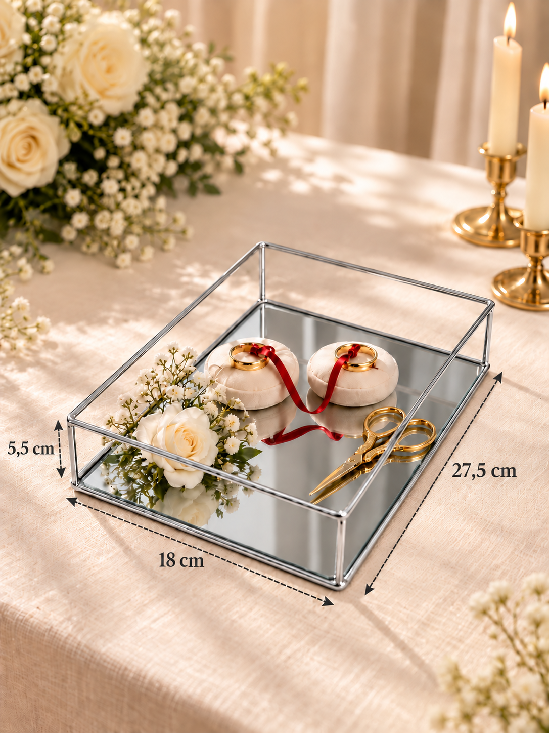 EDORA HOME Parlak Silver Küçük Boy Aynalı Söz Nişan Tepsisi, Damat Kahvesi ve Dekoratif Sunum Tepsisi