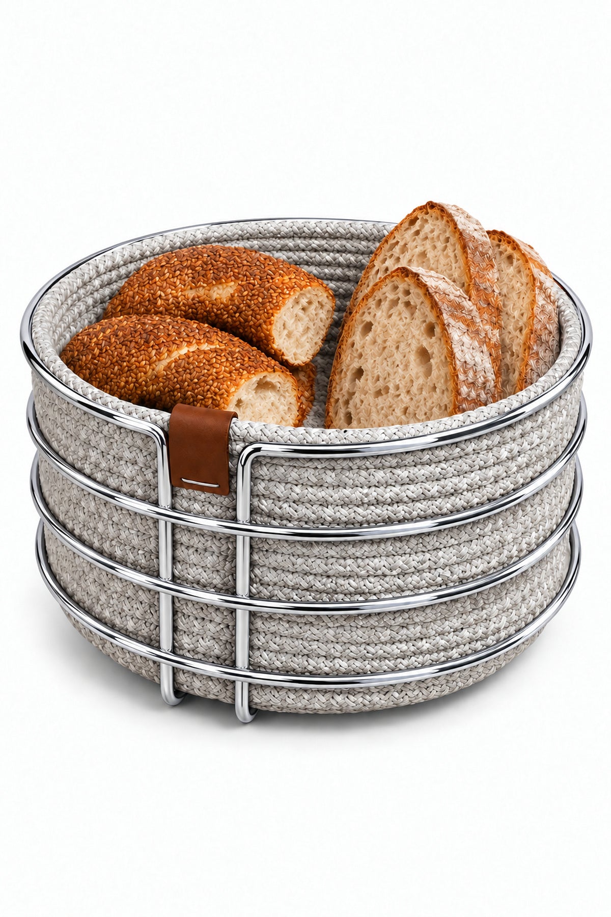EDORA HOME Parlak Silver Yuvarlak Ekmek Sepeti, Ekmeklik Sunum Sepeti, Buz Gri Makrome Çok Amaçlı Paslanmaz Metal