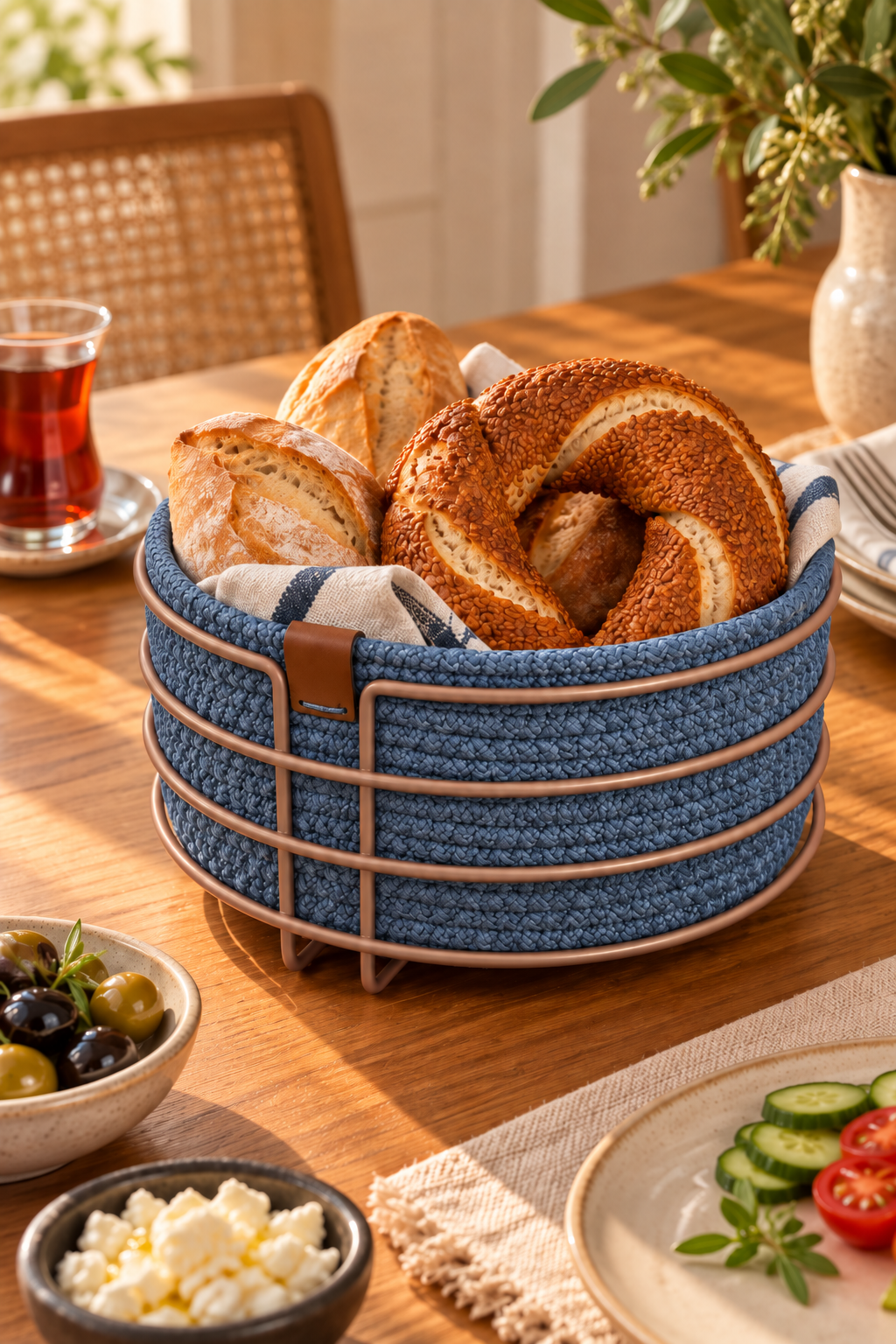 EDORA HOME Rose Yuvarlak Ekmek Sepeti, Ekmeklik Sunum Sepeti, İndigo Makrome Çok Amaçlı Paslanmaz Metal