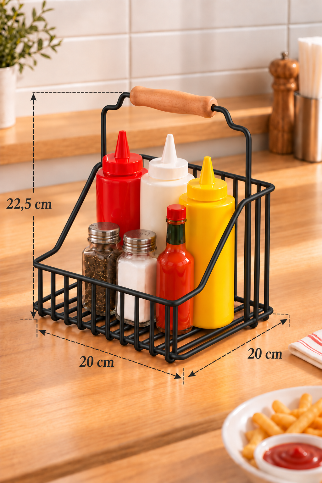 EDORA HOME Siyah Bistro Metal Sosluk Sepeti – Ketçap, Mayonez ve Sos Şişesi Düzenleyici, Sunum Organizeri