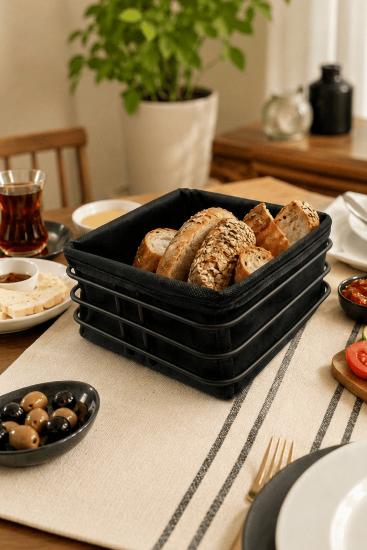 Siyah Kare Metal Ekmek Sepeti, Kumaşlı, Ekmeklik ve Kahvaltı Sunum Sepeti