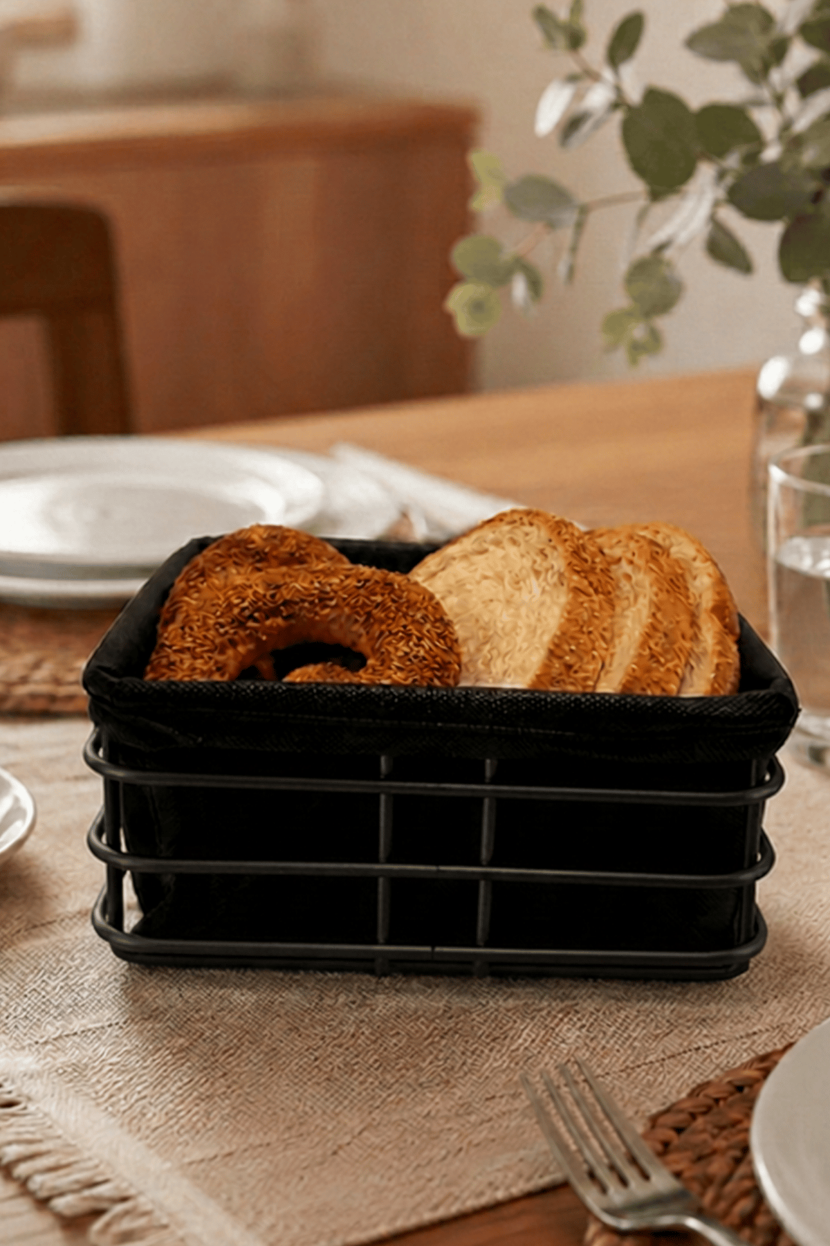 Siyah Kare Metal Ekmek Sepeti, Kumaşlı, Ekmeklik ve Kahvaltı Sunum Sepeti