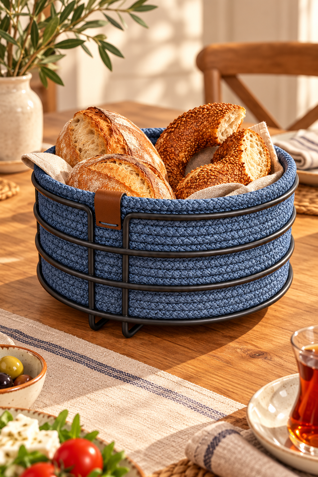 EDORA HOME Siyah Yuvarlak Ekmek Sepeti, Ekmeklik Sunum Sepeti, İndigo Makrome Çok Amaçlı Paslanmaz Metal