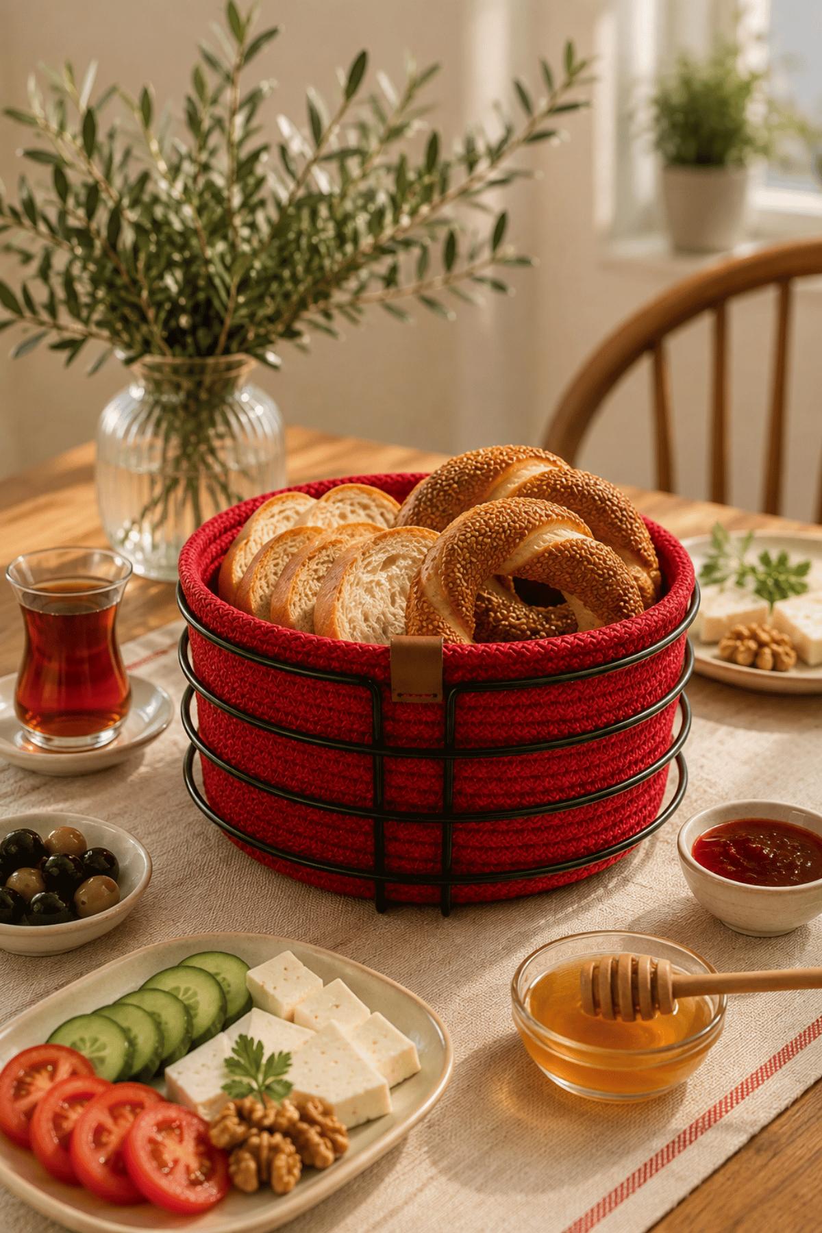 Edora Home Siyah Yuvarlak Ekmek Sepeti, Ekmeklik Sunum Sepeti, Kırmızı Makrome Çok Amaçlı Paslanmaz Metal