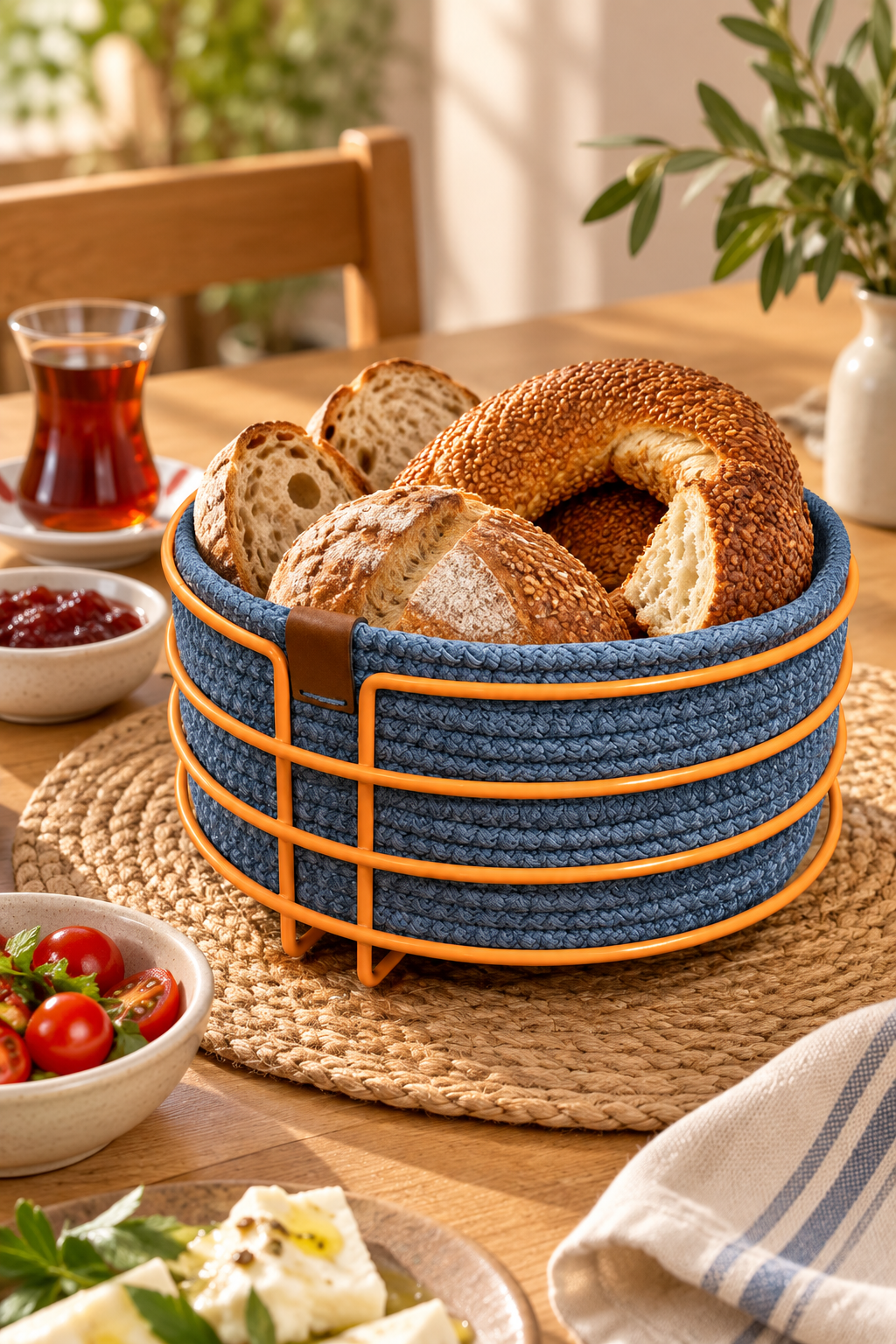 EDORA HOME Turuncu Yuvarlak Ekmek Sepeti, Ekmeklik Sunum Sepeti, İndigo Makrome Çok Amaçlı Paslanmaz Metal