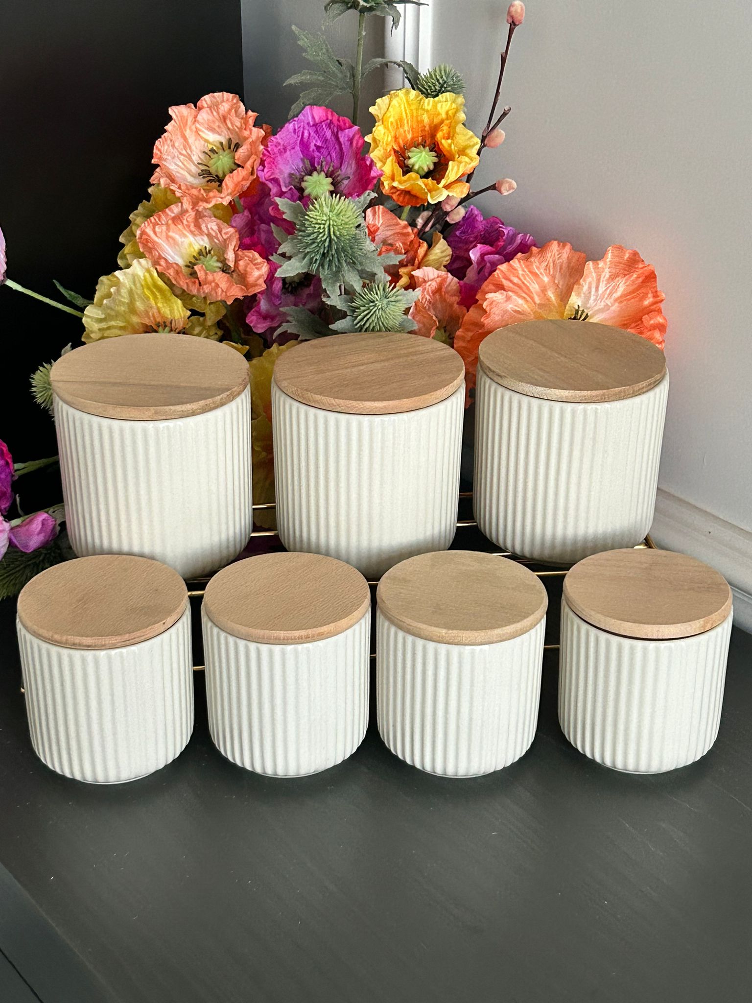 7 Piece Spice Jar Set Bamboo Vacuum Lidded Canister Set