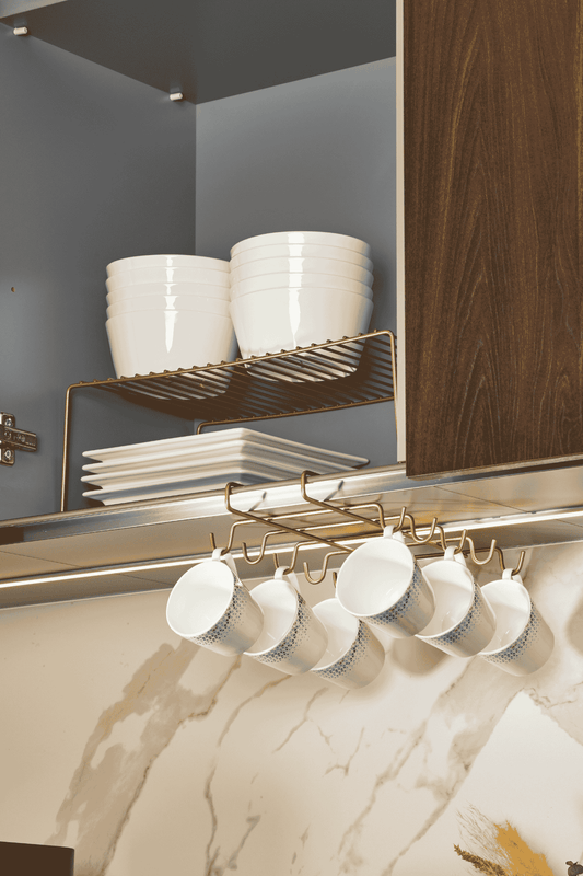 Gold 10'Lu Dolap Ve Raf Altı Portatif Bardak Askılığı, Kupa, Fincan Düzenleyici - Metal Paslanmaz