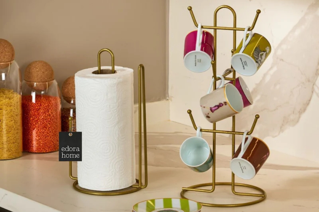 2-Piece Matte Gold Kitchen Organizer Set with Dividers, Paper Towel Holder, and 6-Compartment Mug Hanger, Stainless Metal