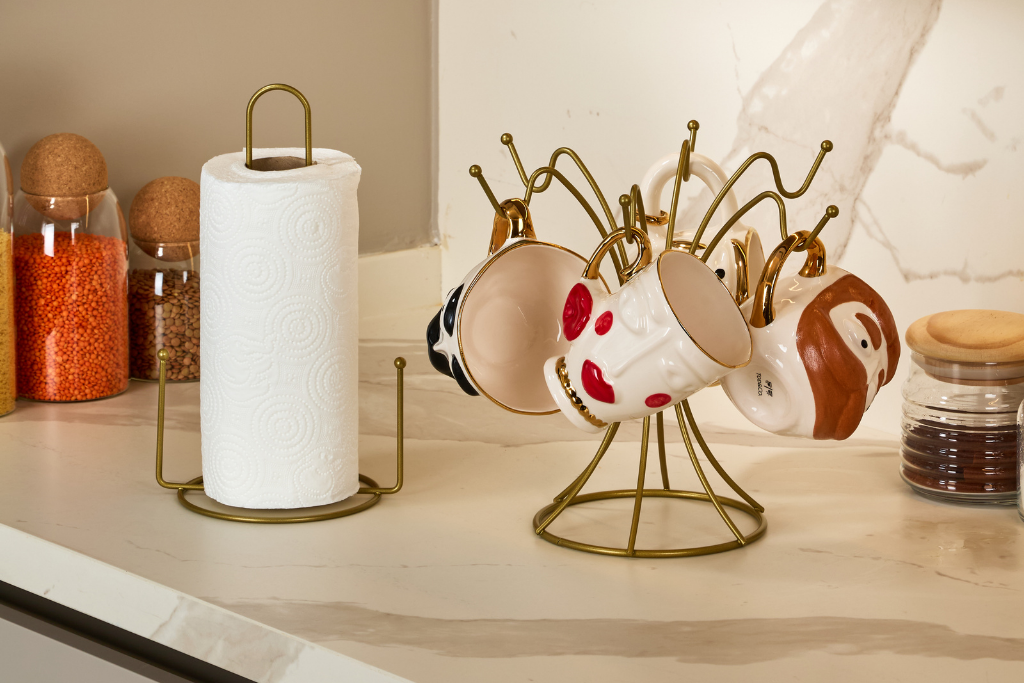 2-Piece Matte Gold Kitchen Organizer Set with Paper Towel Holder and 6-Hook Cup Rack, Stainless Steel