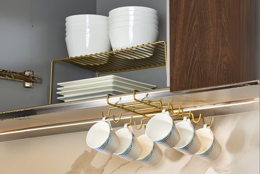 Gold 2'Li Mutfak Seti, Dolap Düzenleyici Ve 10'Lu Bardaklık, Hediyelik - Metal Paslanmaz