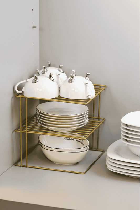 Gold 3 Katlı Dolap İçi Çok Amaçlı Tabak, Bardak, Mutfak Düzenleyici Raf, Tabaklık - Metal Paslanmaz